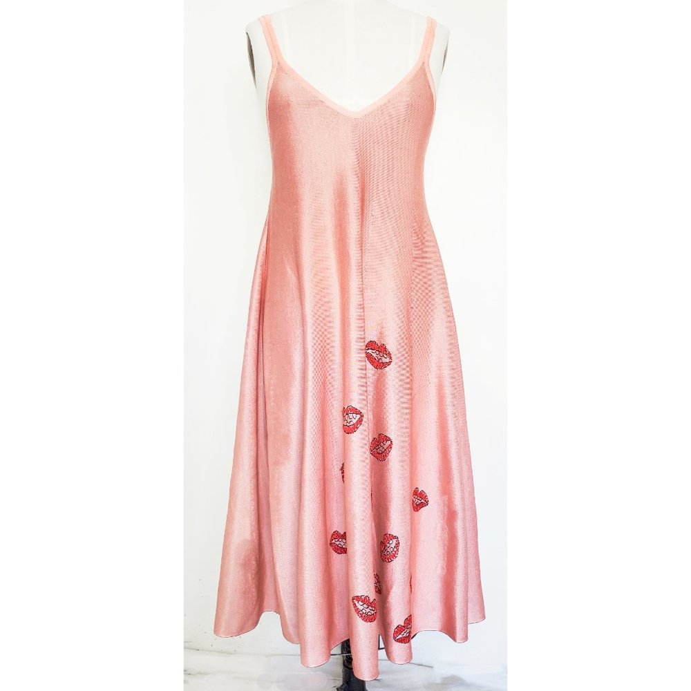 JIMI ROOS Women's RARE Pink Knit Fit and Flare Dress Whimsical Red Lips S/M - Picture 2 of 15